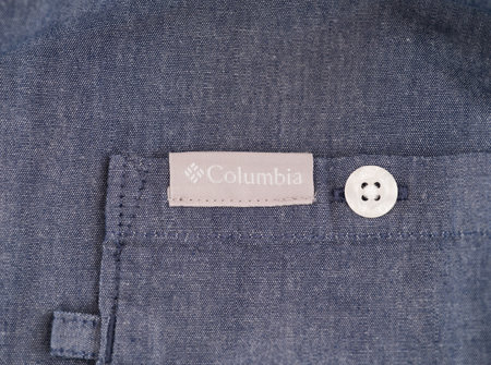 Tambov, Russian Federation - July 28, 2023 A Columbia label on a jacket pocket