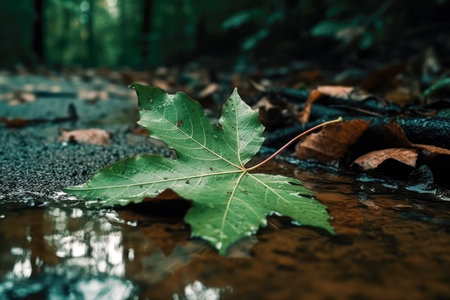 A green maple leaf lying in a puddle in a park. Created with Generative AI.の素材