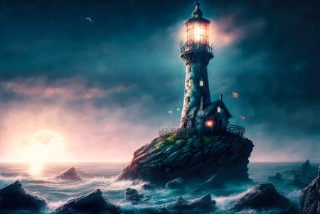 A rock island with a lighthouse on it surrounded by sea. Created with Generative AI.の素材