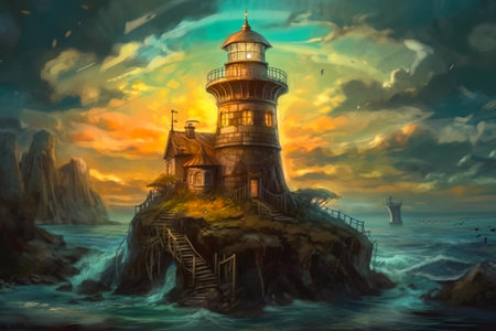 A fantasy style lighthouse on an island in the sea near cliffs. Created with Generative AI.の素材