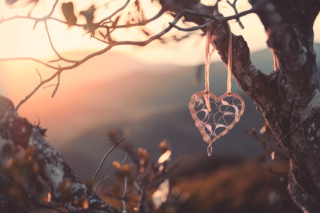 A small lace heart hanging off a tree branch under a sunset. Created with Generative AI.の素材