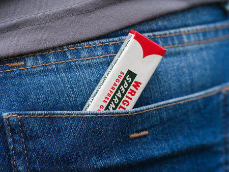 Tambov, Russian Federation - May 12, 2023 A pack of Wrigley's spearmint gum in a jeans back pocket