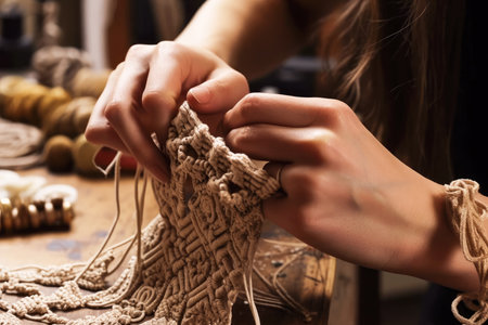 Woman hands with macrame project in her workshop. Created with Generative AI.の素材