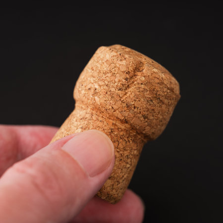 A person fingers holding a champagne cork against a black backgroundの写真素材