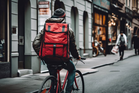 A delivery driver with a red backpack delivering a package on a bike in city. Created with Generative AI. Not a real person.の素材