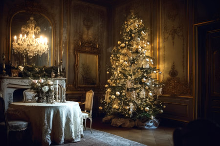 Elegance vintage interior decoration for Christmas with  christmas tree. Created with Generative AI.の素材