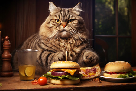 A fat tabby cat seating behind the table, eating burgers and drinking beverage. Created with Generative AI.の素材