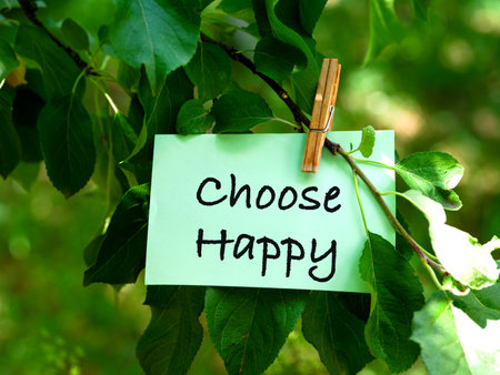 A green paper note with words Choose Happy hanging on a tree branch. Close-up.の写真素材