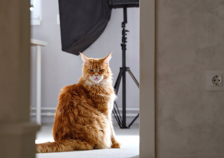 A ginger Maine Coon cat sits in the doorway of a room with photography lighting equipment