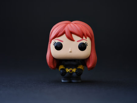 Tambov, Russian Federation - August 10, 2024 Black Widow Funko POP Mini Vinyl Figure on a black...
