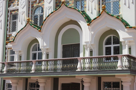 The balcony of a beautiful building in an old Russian style.の写真素材