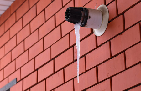 Coaxial flue for a gas boiler with an icicle hanging from it on a brick house wall outdoors.の写真素材