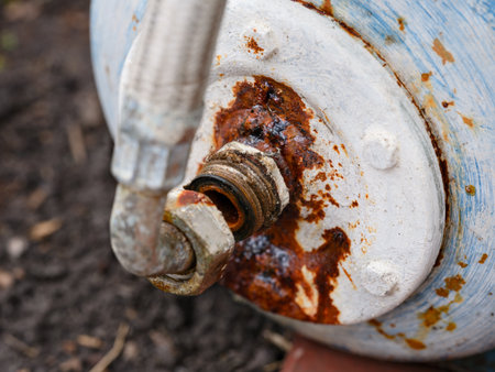 A close-up view of a rusted and leaking metal pipe connection on an old outdoor water tank, highlighting corrosion and material decay.の写真素材