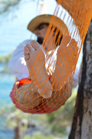 Lazy time. Man in hat in a hammock on pine tree in Crimea a summer dayの写真素材