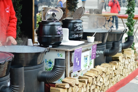 Hungarian foods at a christmas fair stand on the Vorosmarty squareの写真素材