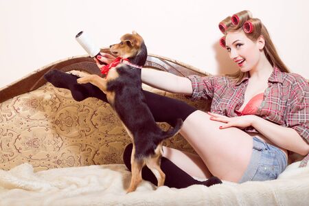 Picture of sexi young smiling girl with curlers on long hair with a dog playing on hind legs on sofaの写真素材
