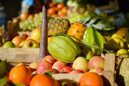 Retail business concept. Many different fruits on farmers market background.の写真素材