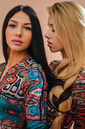 Closeup picture of beautiful blonde and brunette sisters standing together with their hair plait togetherの写真素材