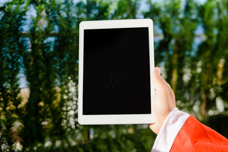 Santa Claus holding a tablet with blank space over green fir backgroundの写真素材
