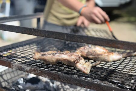Delicious meat for grilling, close up on tasty dining barbecued background. Healthy cookout protein diet, tender roasted fresh outdoor backgroundの写真素材