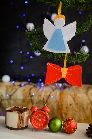 Close up detail of handmade Christmas symbols, joyful decorated toys and ornament design background. Traditional handicraft culture, festive holiday celebrating photographyの写真素材