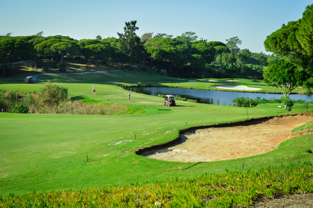Golf course green grass field and lake trees on sunny day outdoors backgroundの写真素材
