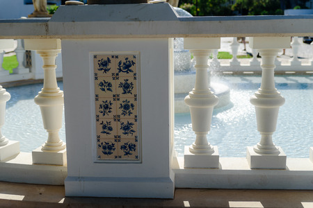 Water fountains inside basin with beautiful statues (stream of clear water from a fountains, white splashes of water, isometric view)の写真素材