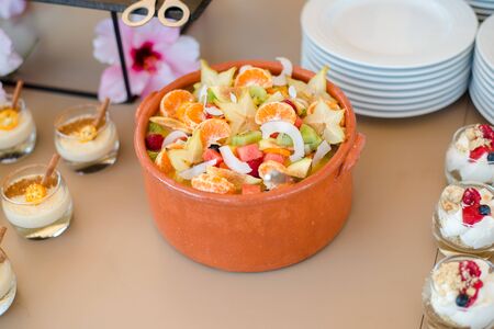 catering services background with fruits and berry in restaurantの写真素材