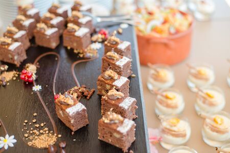 Chocolate Nut Brownie Cake decorated with Strawberries in Luxury Restaurant for Brunch, Buffet Concept, Horizontal Viewの写真素材