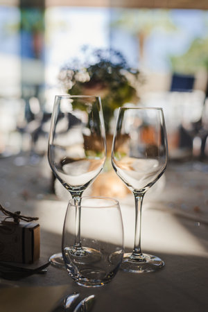 Elegant table arrangement and catering at wedding receptionの写真素材