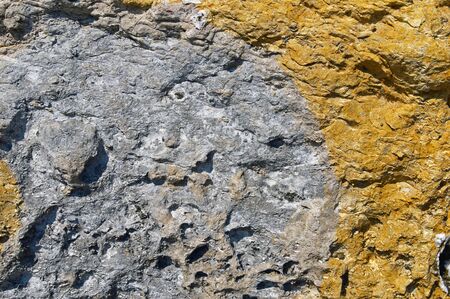 Fragment of a stone wall on the sea coast destroyed by water, wind, sun and windの写真素材