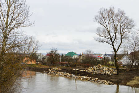 Spring flood in the town of Tysmenytsia in western Ukraineの写真素材