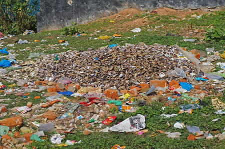 Garbage on the coast near the city of Kovalam, Kerala, India. December 30, 2019. Editorial photoのeditorial素材