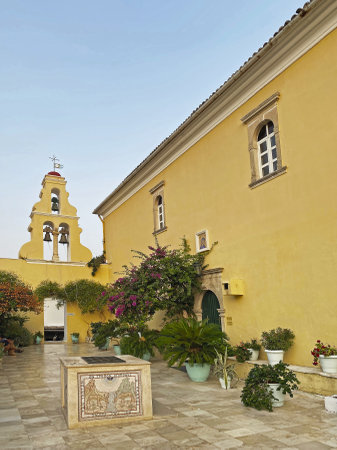 The Men's Monastery of the Mother of God in the village of Paleokastritsa on the northwestern part of the island of Kerkyra (Corfu), Greeceの写真素材