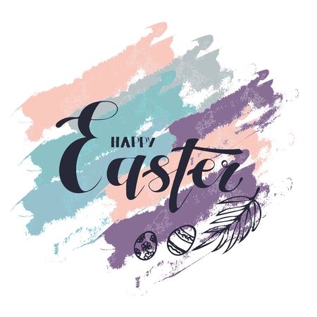 An Easter logo with eggs and a leaf on watercolour spotsのイラスト素材