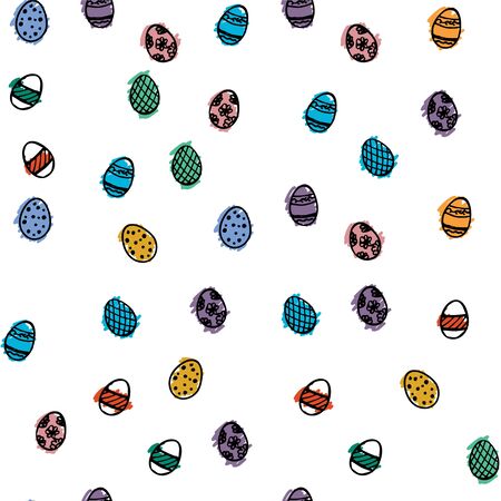 An Easter pattern with coloful hand dran eggs on white background.のイラスト素材