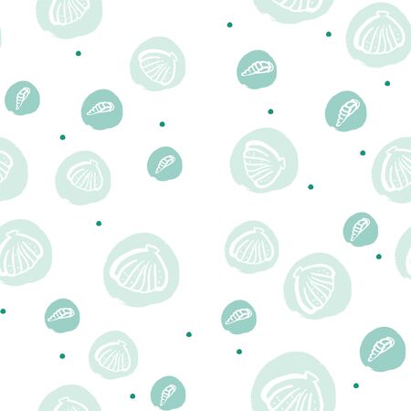 A pattern wich consist of rond aqua menthe watercolor drops with with shells on white backgroundのイラスト素材