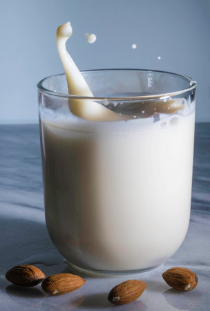 Almond milk splash in glass on marble tableの写真素材