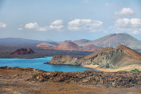 Galapagos landscape with mountains, sea and blue skyの写真素材