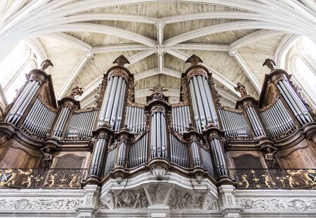 BORDEAUX, FRANCE - 17 JULY 2015 - The magnificent  beautifully detailed pipe organ inside the gothic style Bordeaux Cathedral (Cathedrale Saint-Andre de Bordeaux)のeditorial素材