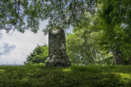 Ancient grave stone in Scottish graveyard surrounded by trees.の写真素材
