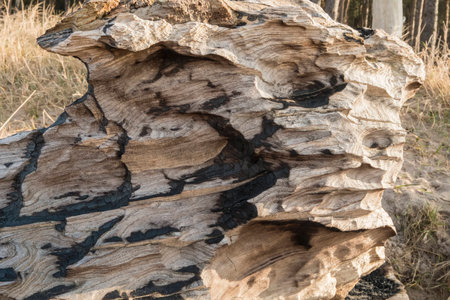 Shapes, patterns, colors and texture of a piece of burnt driftwood on the beachの写真素材