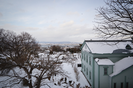 Winter scene at Motomachi park, Mount Hakodate, Hokkaido, Japan.