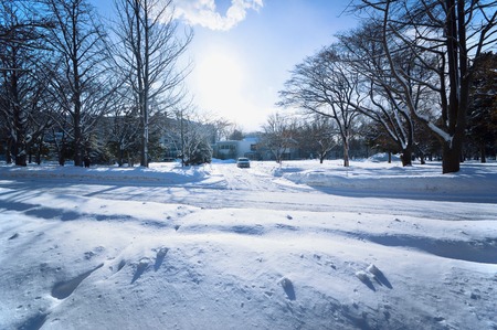 Winter street scene  - snow covered the street during winter and heavy snow in  Hokkaido University, Japan. 27-1-2016のeditorial素材
