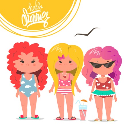 Cute girls vector set, summer flat illustration, beautiful princess girlsのイラスト素材