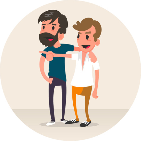 Young man showing something to his friend.  Vector flat design illustrationのイラスト素材