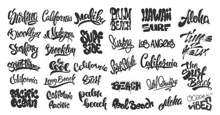 Set of handwritten city names and surf lettering. Emblem and badges vector.のイラスト素材
