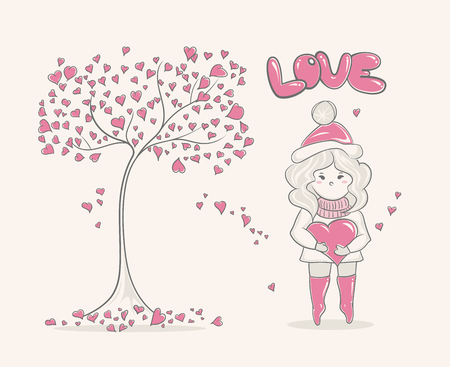 Cute cartoon Girl and tree with hearts, character design, fashion graphicのイラスト素材