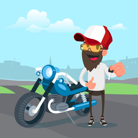 Man in cap holding the key of a new motorcycle, Cartoon Vector Illustration.のイラスト素材
