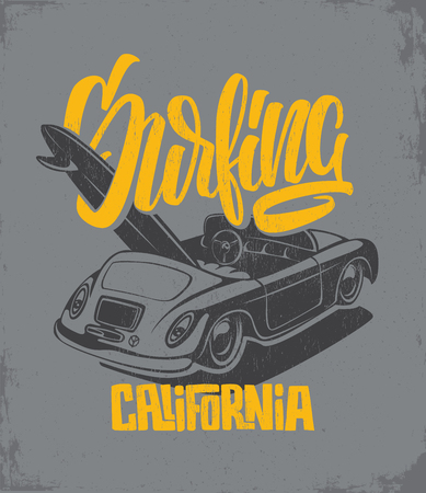 Summer Surf Print with car, Palm Trees and Lettering. Vector Illustartion.のイラスト素材